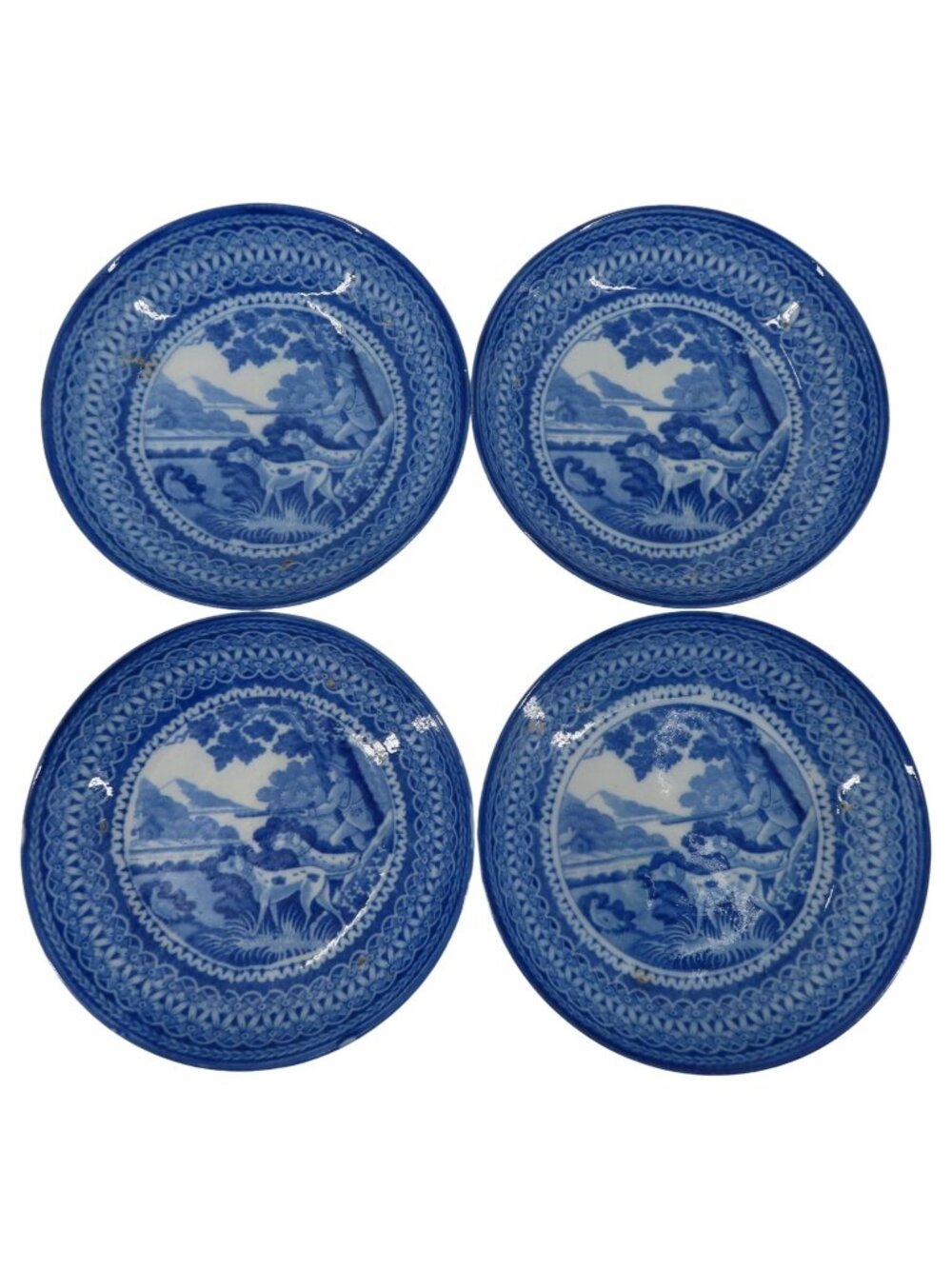 Antique Set of 4 Blue White Staffordshire Hunting Men Dogs 5.5in Saucers Bowls